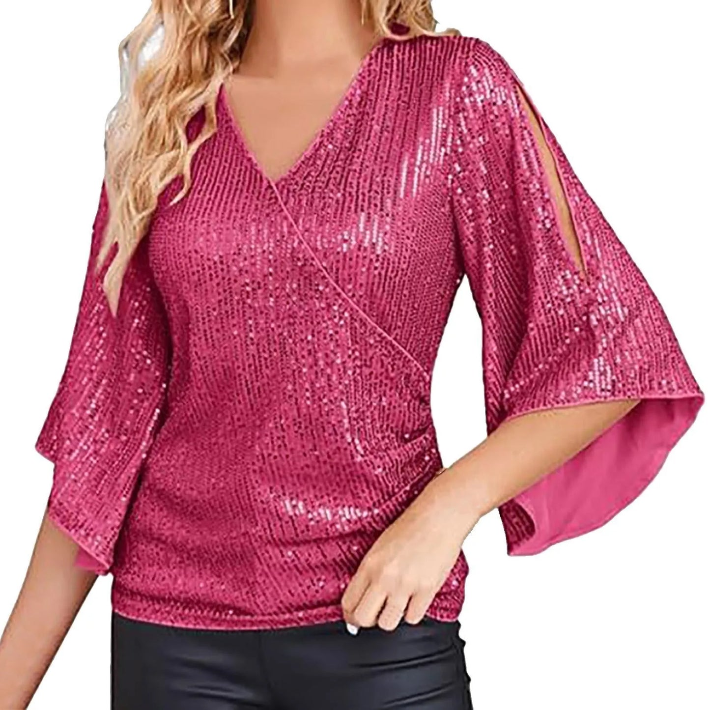 Sequin Tops 3/4 Sleeve Glitter Sparkly Party Blouse V Neck