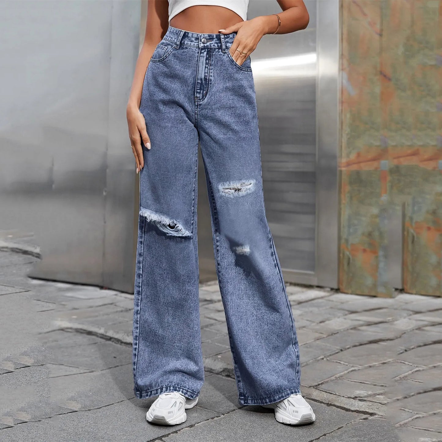 Y2k Ripped Wide Leg Jeans Mid Waist