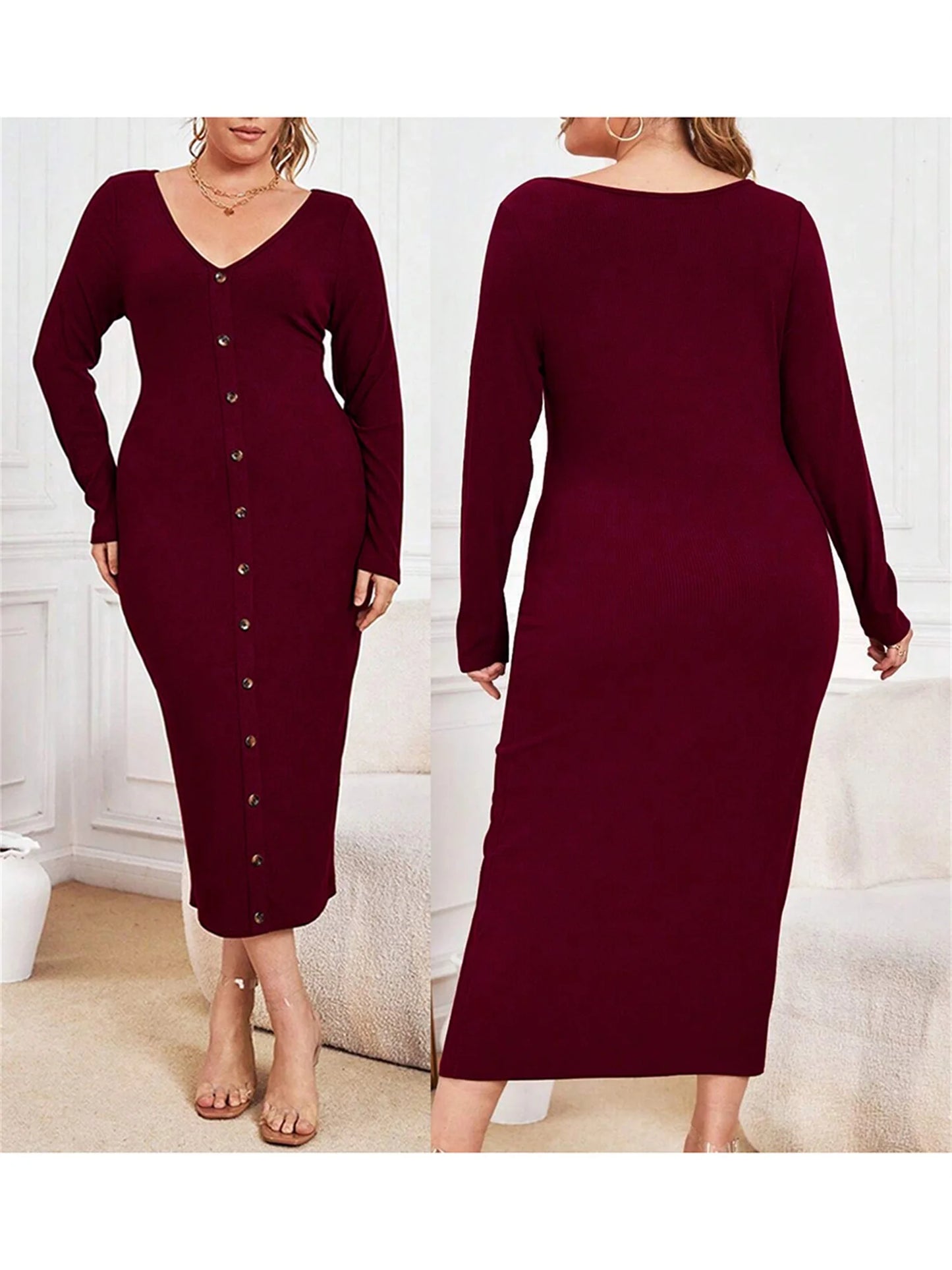 Elegant Women s Ribbed Knit Maxi Dress with Long Sleeves and V-Neckline