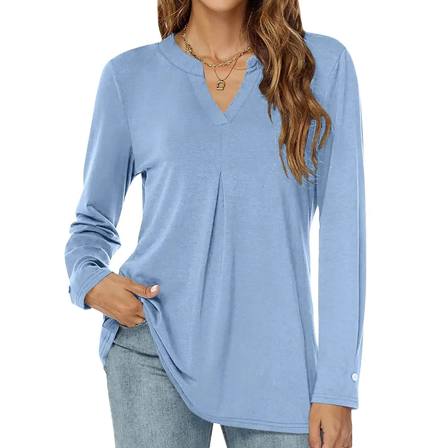 Loose Long Sleeve T-shirt V-Neck Solid Color