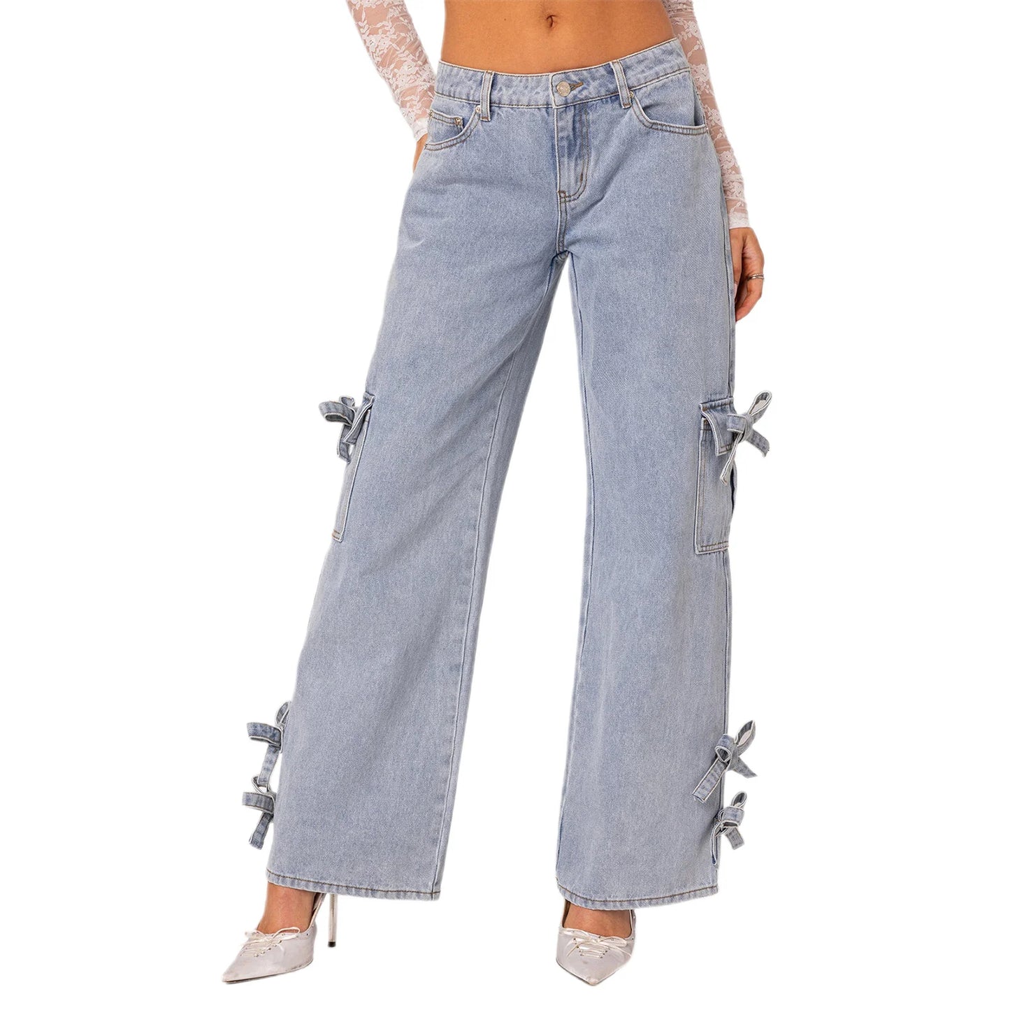 High Waisted Flared Denim Jeans with Belted Bow Detail and Pockets-