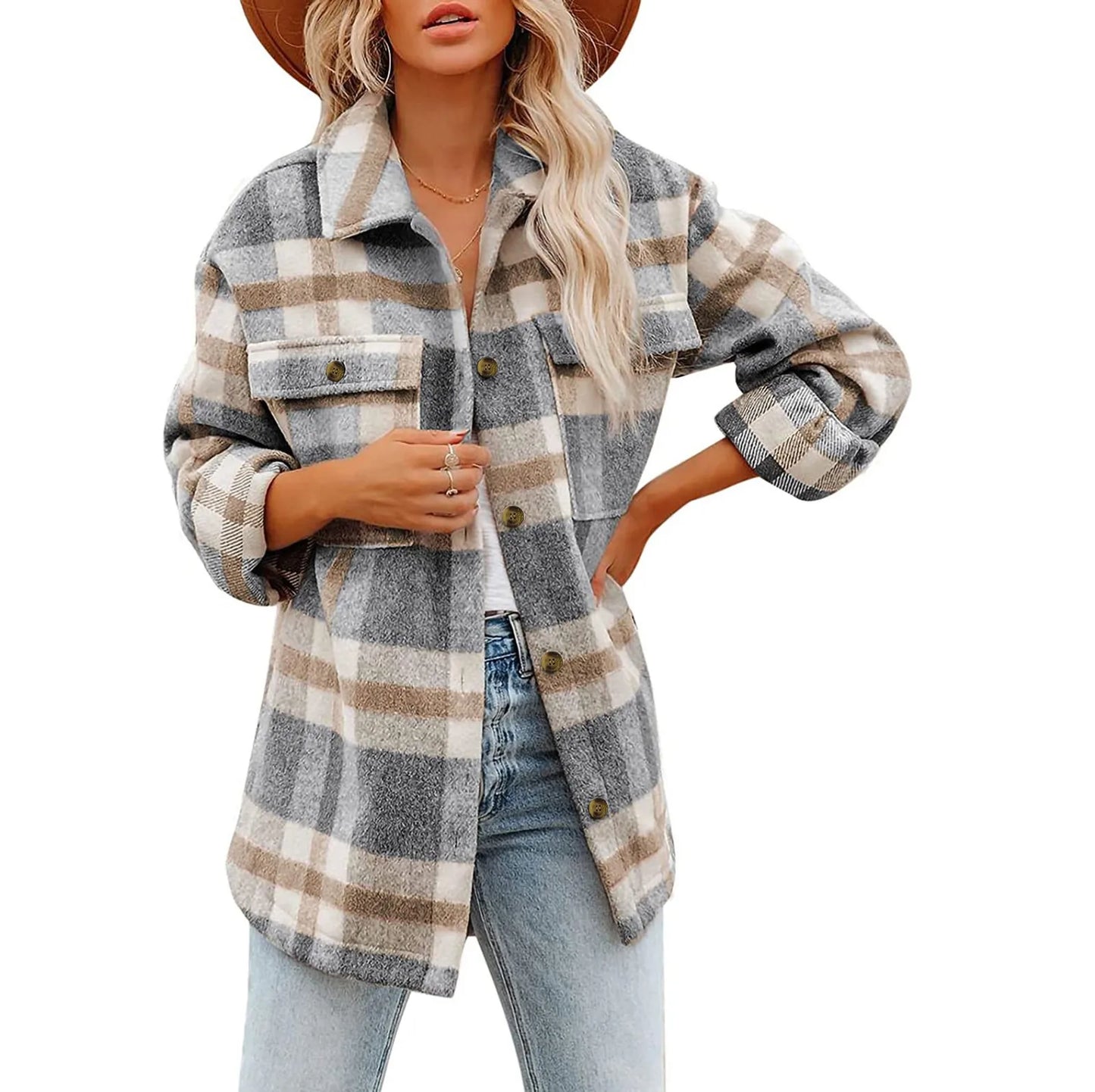 2025 Women Plaid  Jacket  Double Pocket Design Loose Fall Clothes