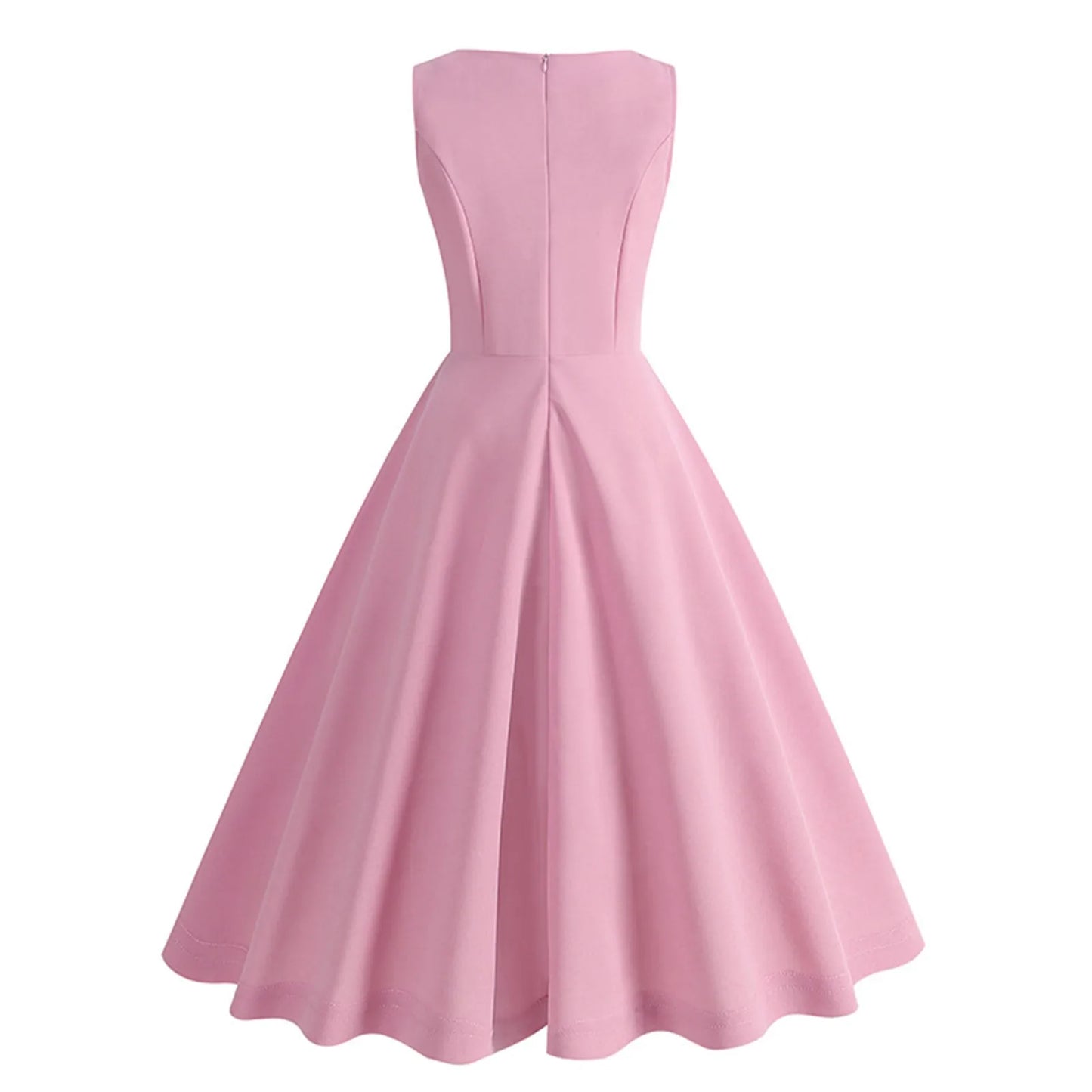 Retro Pink Women Midi Dress Solid Color Sleeveless