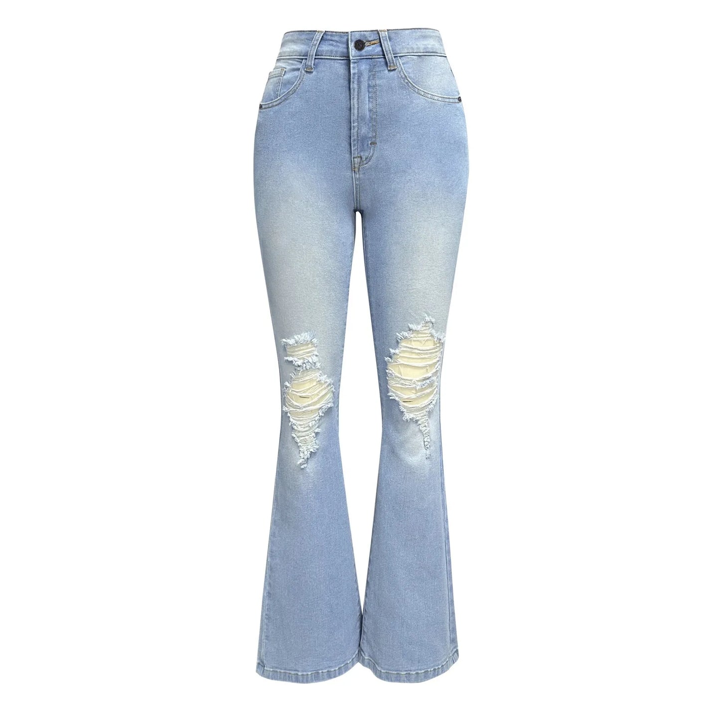 Women Ripped Flared Jeans Mid Waist Wide Leg