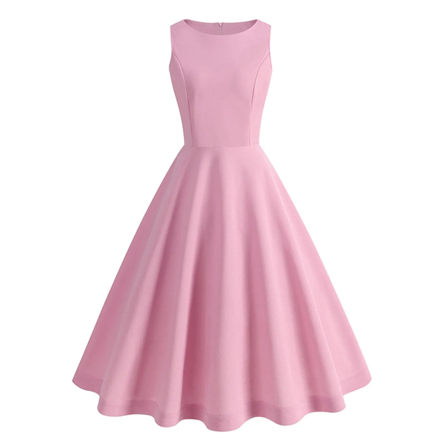 Retro Pink Women Midi Dress Solid Color Sleeveless