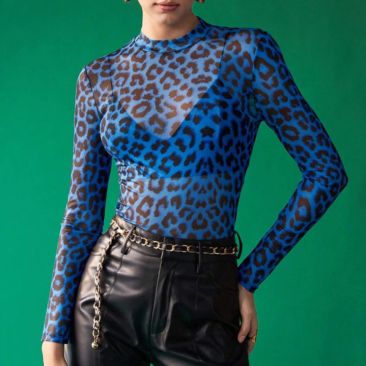 Daily Basic Leopard Mesh Long Sleeve Crew Neck T-Shirt