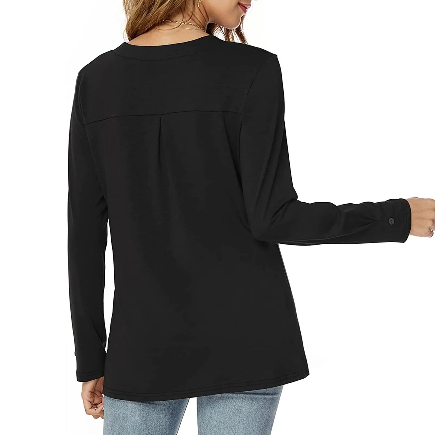 Loose Long Sleeve T-shirt V-Neck Solid Color