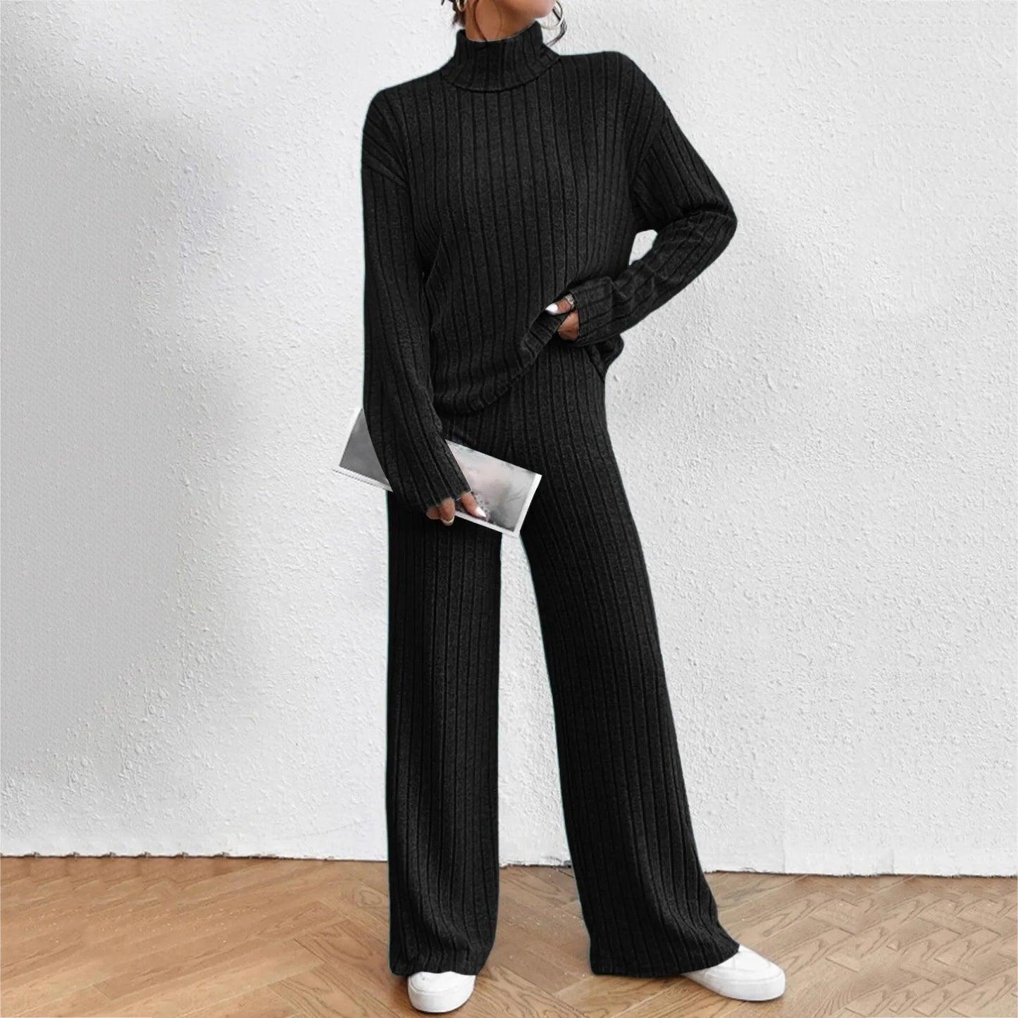 Turtleneck Sweater Tops With Pants 2 Piece Set