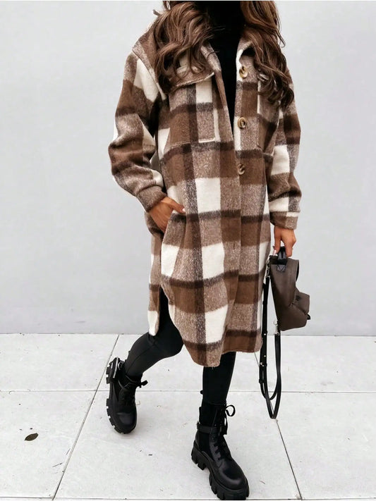 Autumn and Winter Women's Casual Jacket, Fashionable Plaid Long Sleeved Lapel Button Elegant Commuting Holiday Jacket