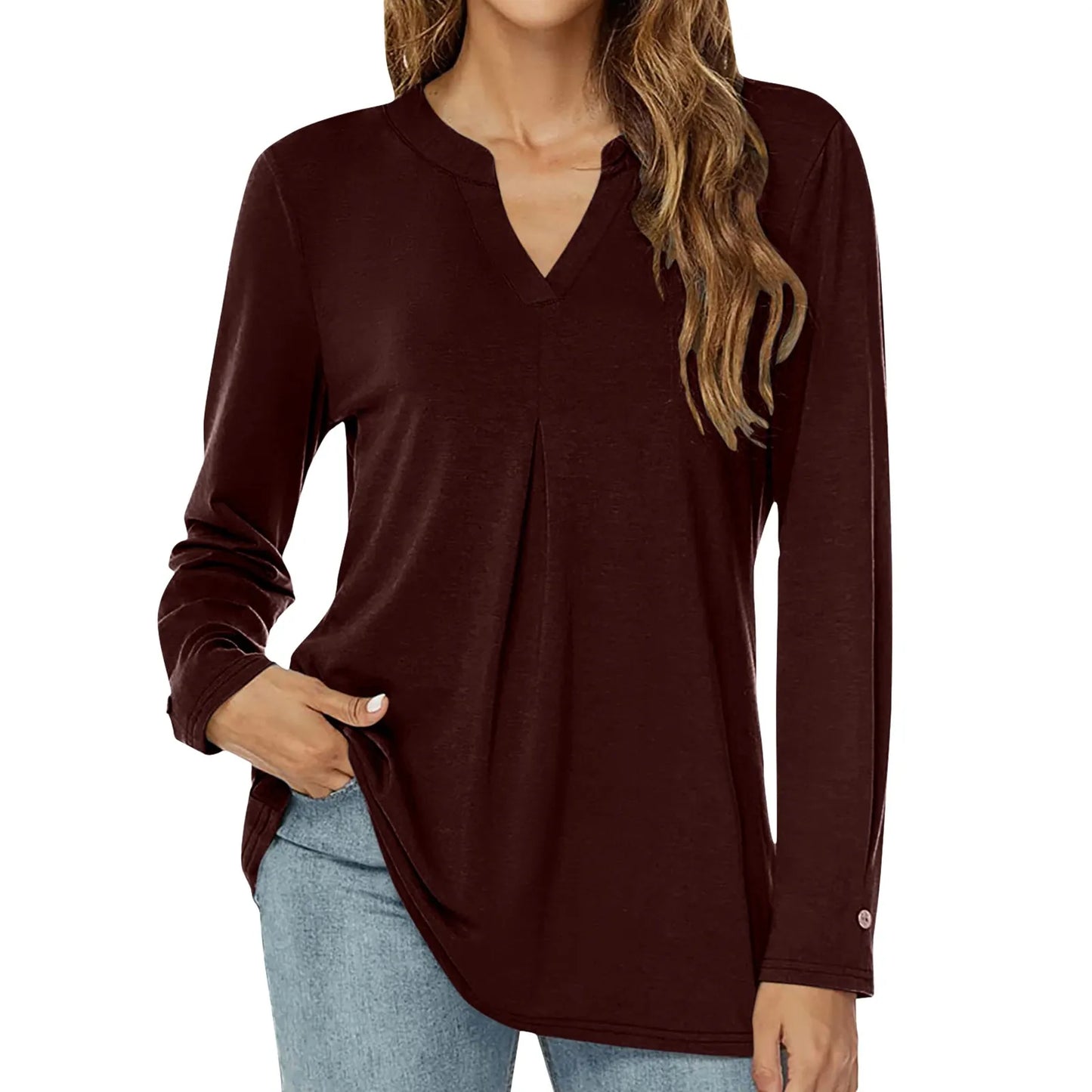 Loose Long Sleeve T-shirt V-Neck Solid Color