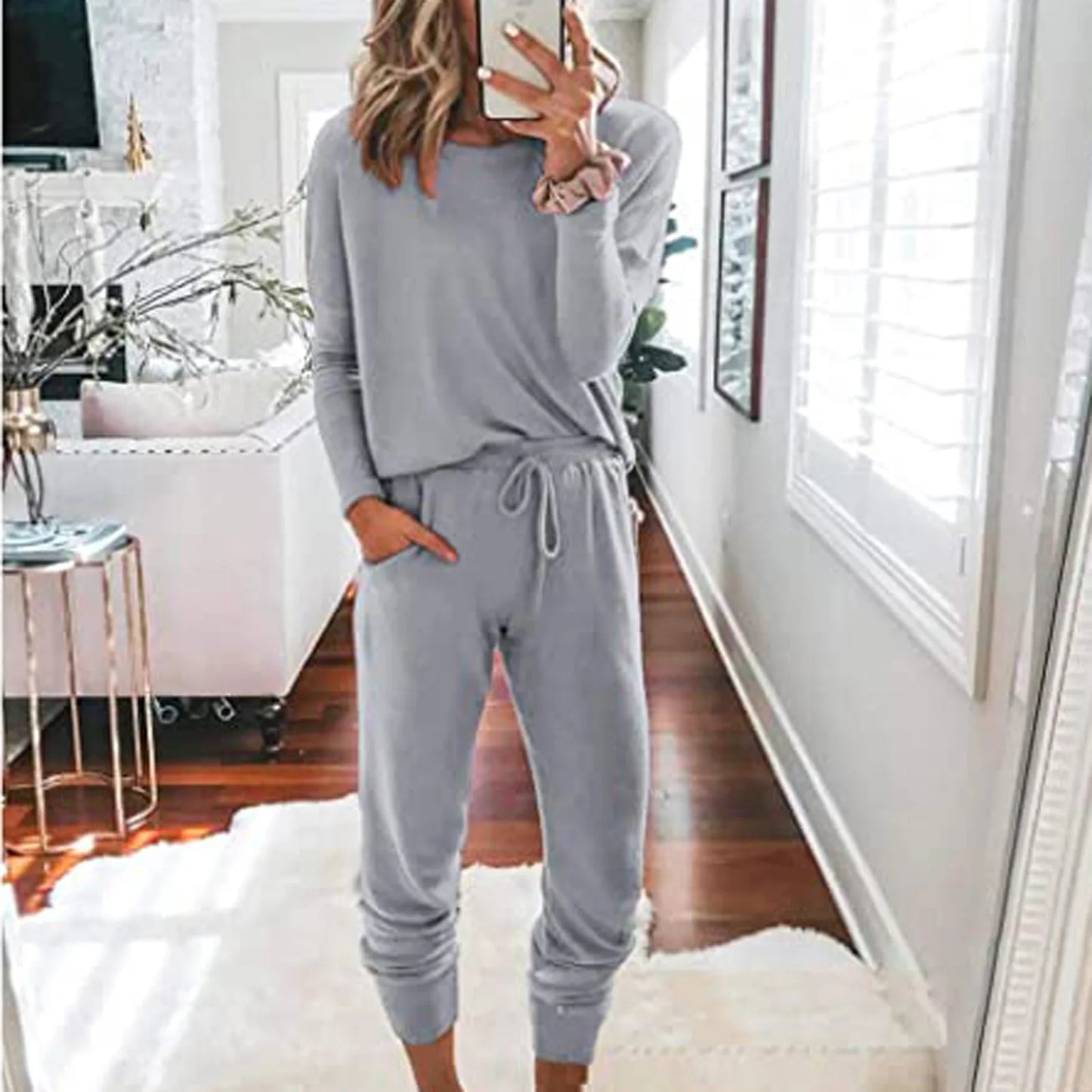 2 Piece Set Long Sleeve O-Neck T-Shirts+High Waist Drawstring Pant