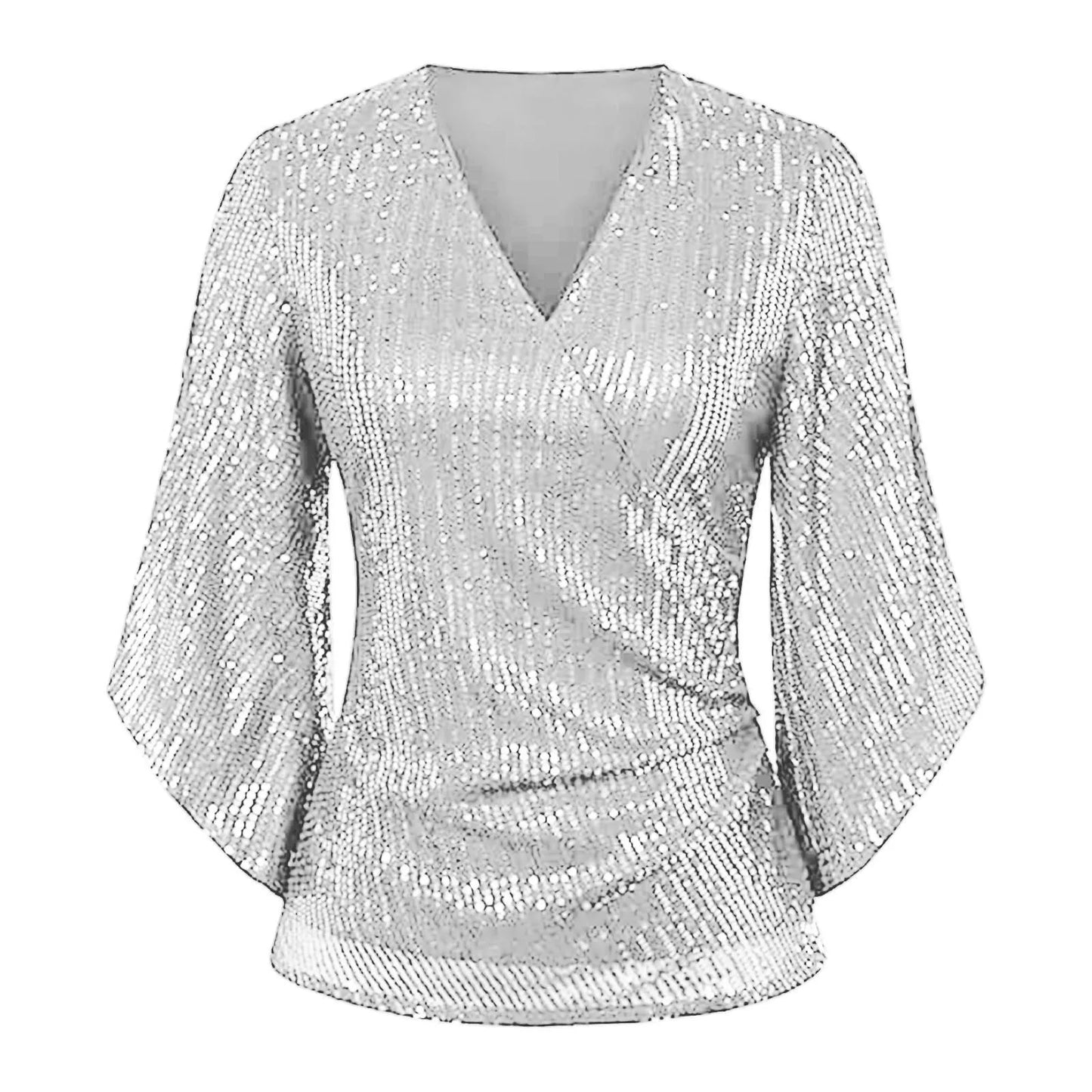 Sequin Tops 3/4 Sleeve Glitter Sparkly Party Blouse V Neck