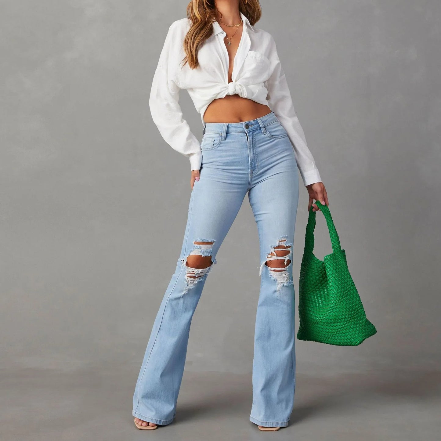 Women Ripped Flared Jeans Mid Waist Wide Leg