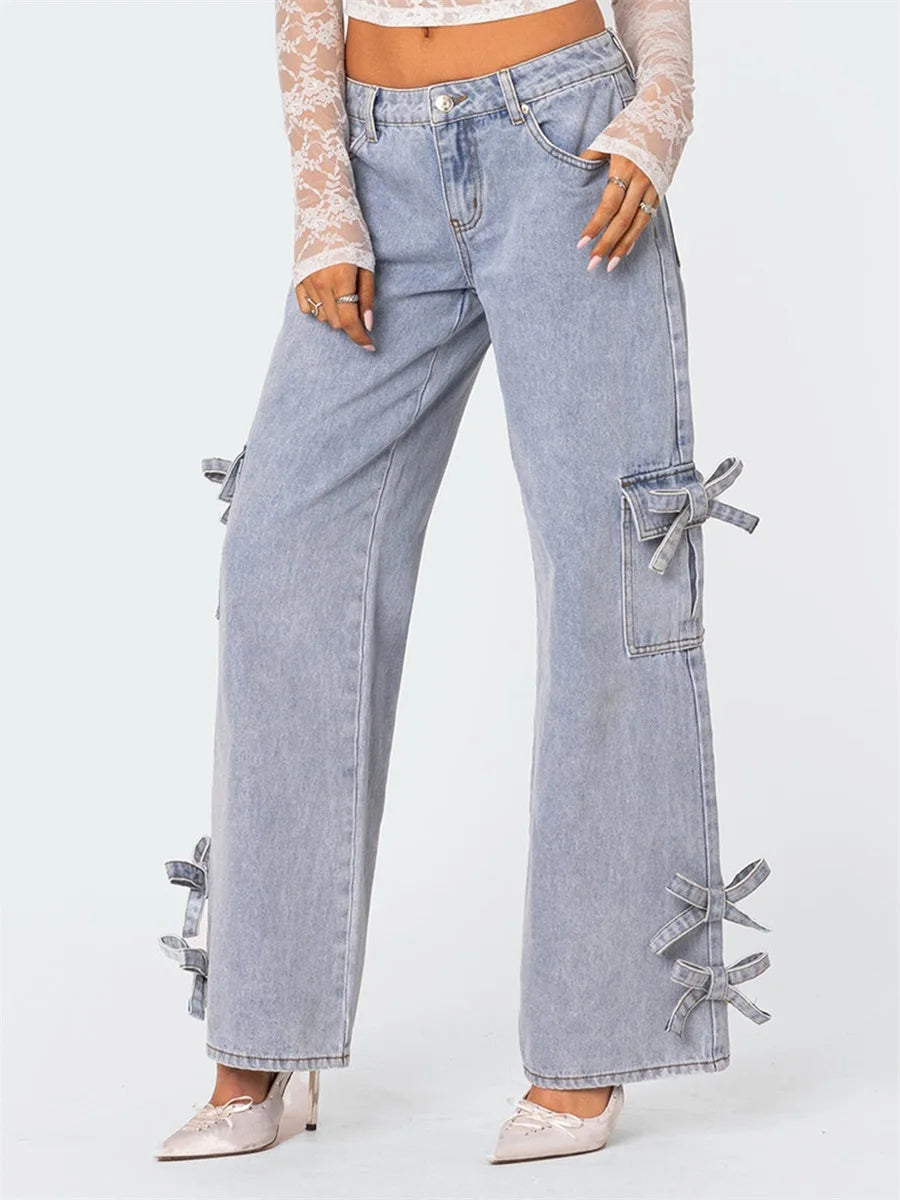 High Waisted Flared Denim Jeans with Belted Bow Detail and Pockets-