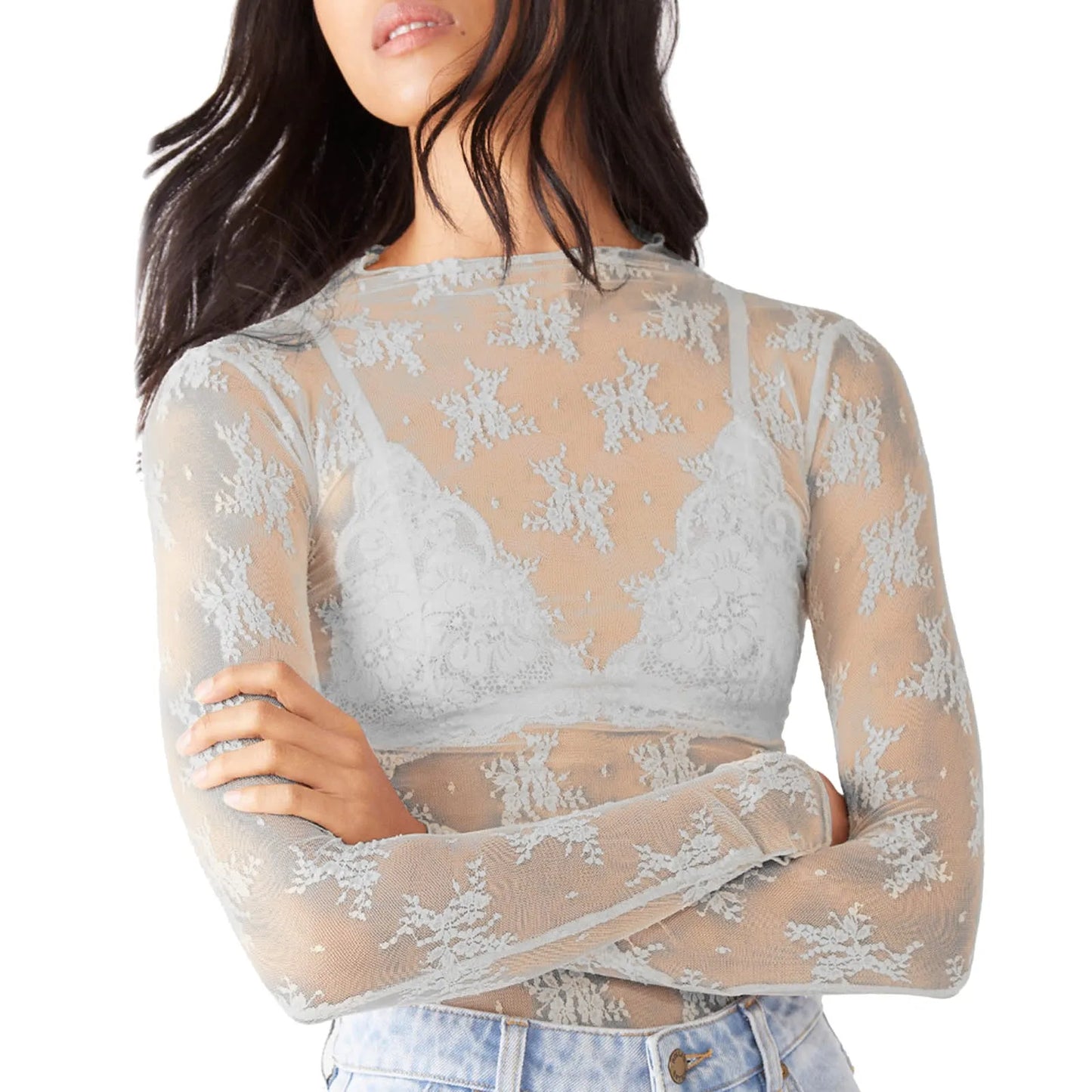 Mesh Long Sleeve Mock Neck Floral Embroidery See Through Blouse