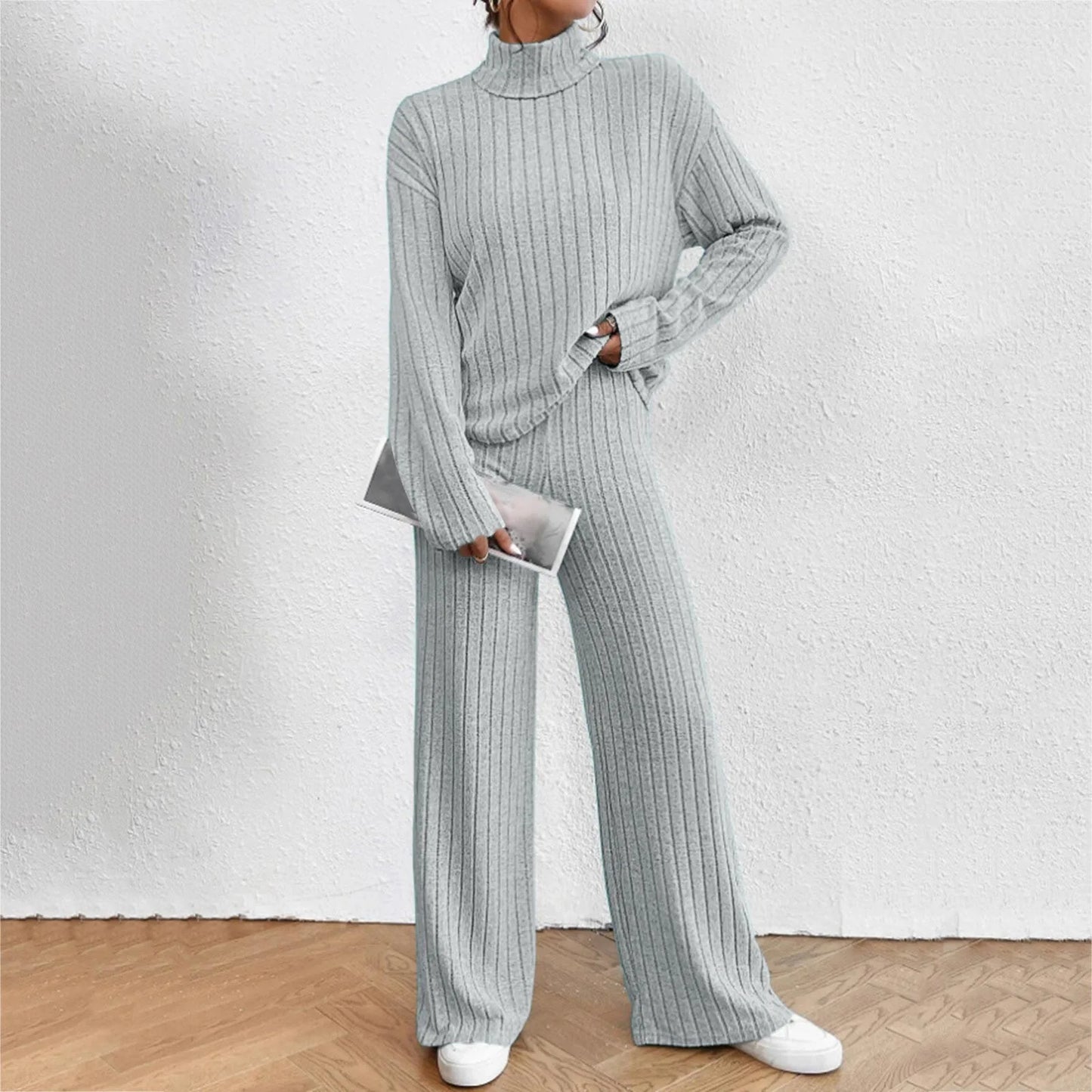 Turtleneck Sweater Tops With Pants 2 Piece Set