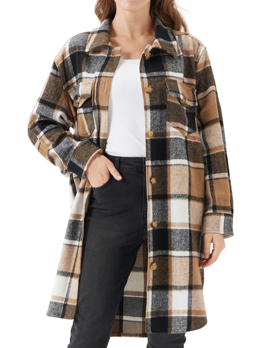 Women's Oversized Plaid Shacket - Cozy Long Sleeve