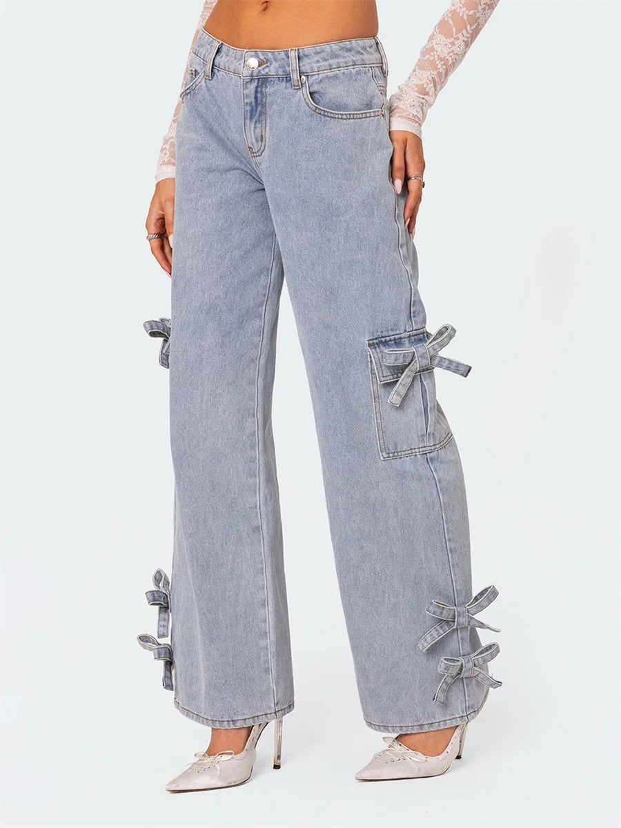 High Waisted Flared Denim Jeans with Belted Bow Detail and Pockets-