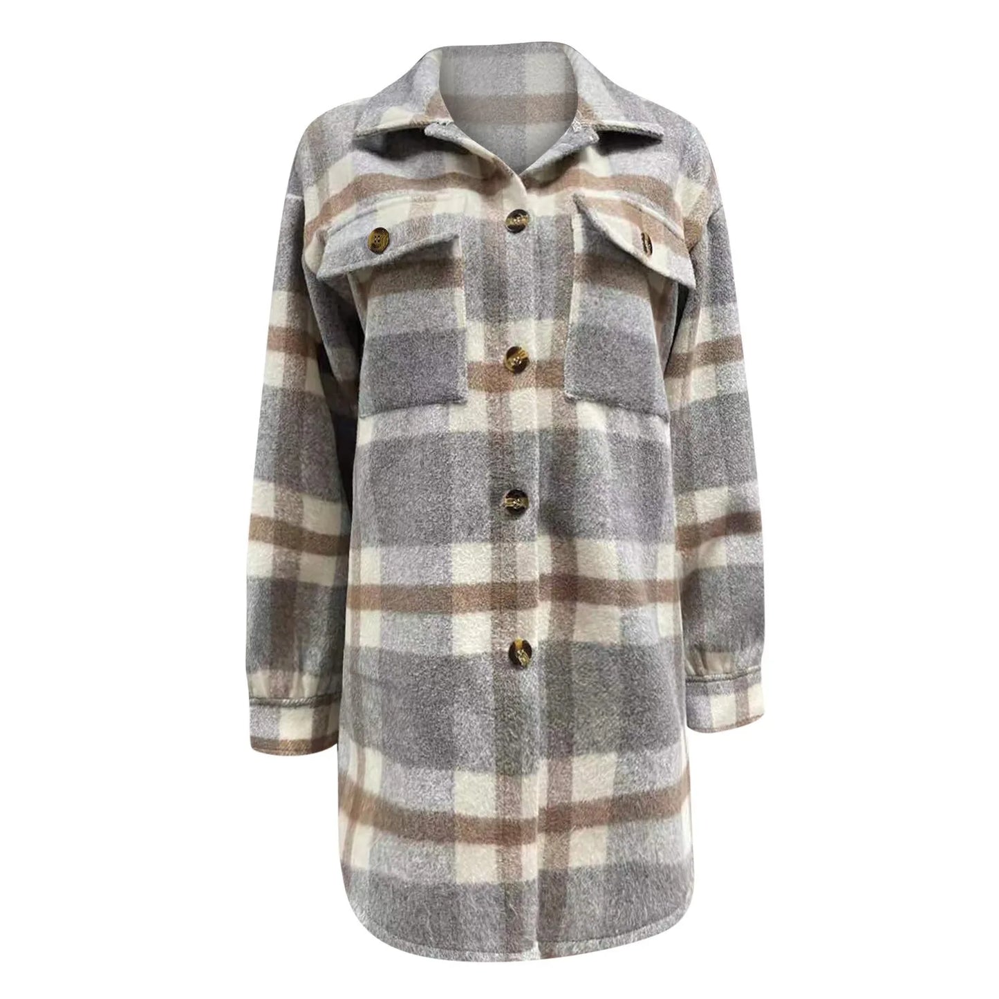 2025 Women Plaid  Jacket  Double Pocket Design Loose Fall Clothes