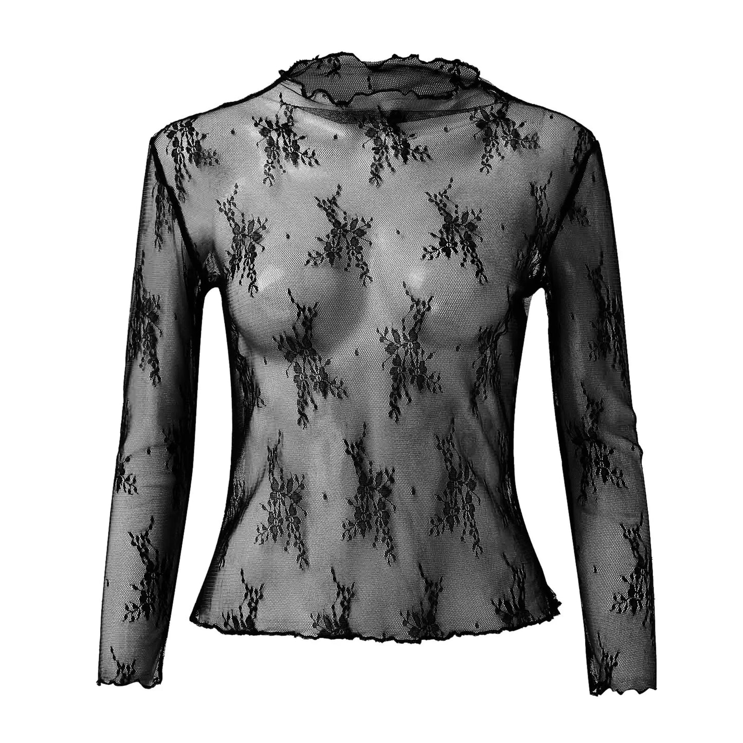 Mesh Long Sleeve Mock Neck Floral Embroidery See Through Blouse