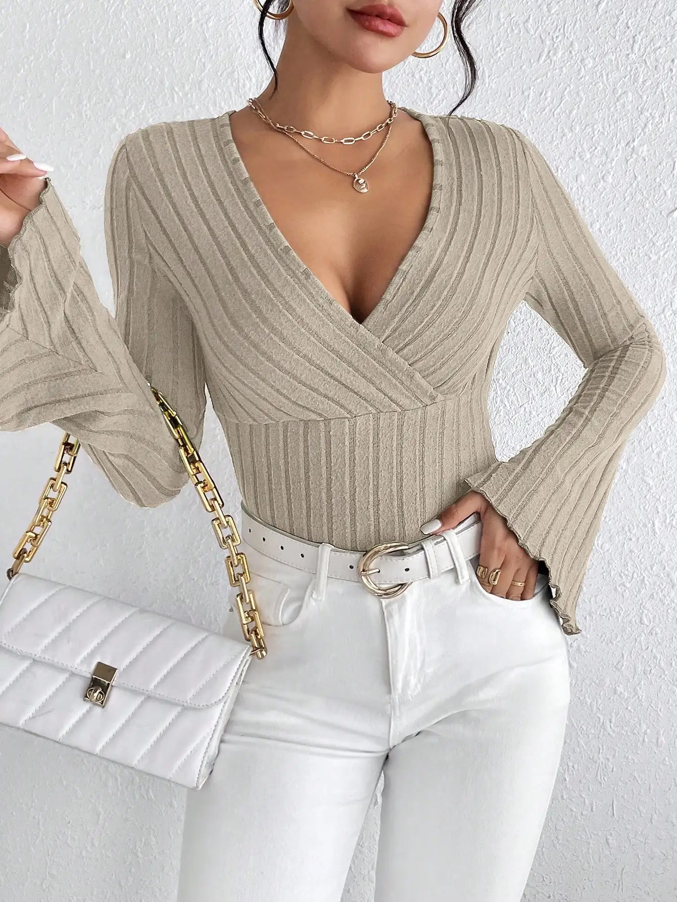 V-neck Slim Striped Top Long-sleeved Shirt