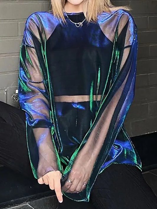 Solid See Through O-Neck Long Sleeve Oversized T Shirt