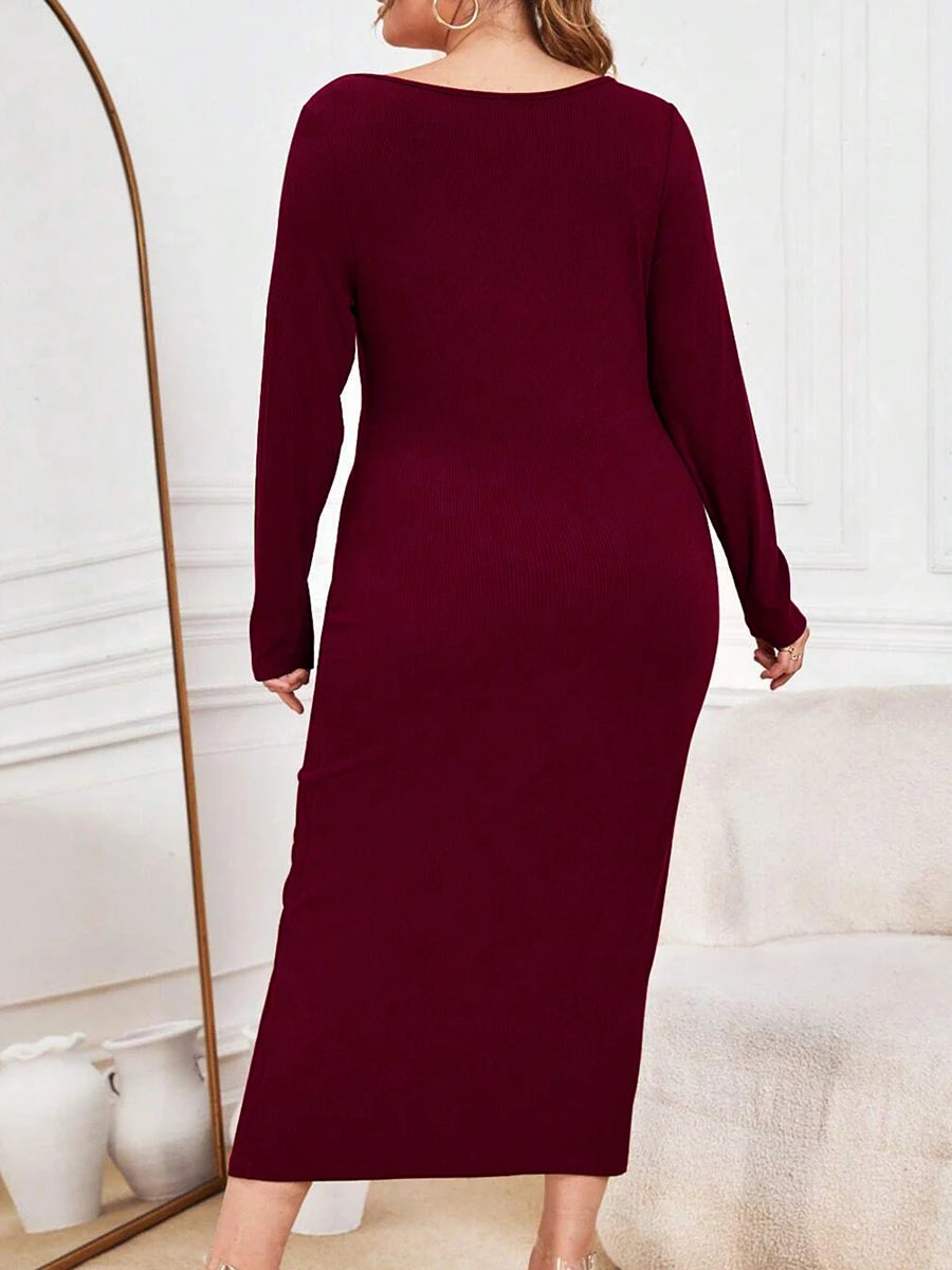 Elegant Women s Ribbed Knit Maxi Dress with Long Sleeves and V-Neckline