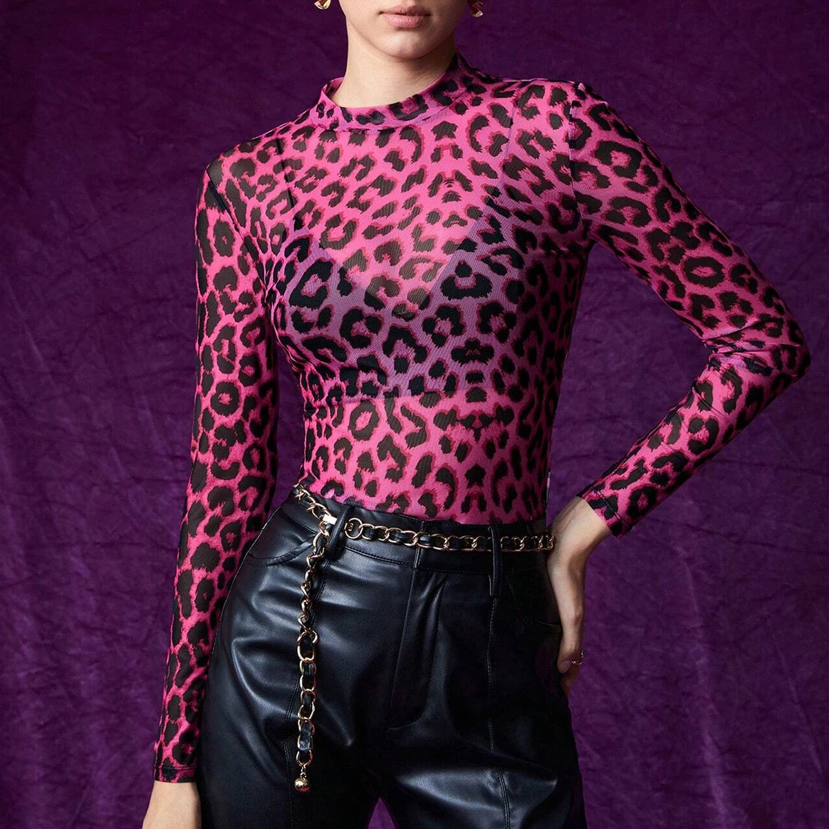 Daily Basic Leopard Mesh Long Sleeve Crew Neck T-Shirt