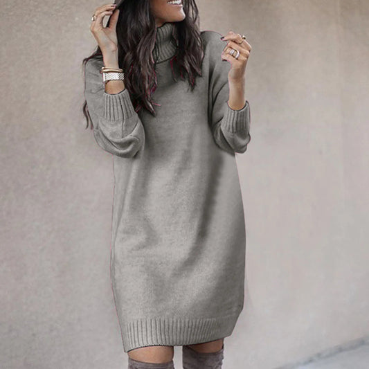 Dress  Solid Color Long Sleeve Turtleneck Pullover Mini Dresses