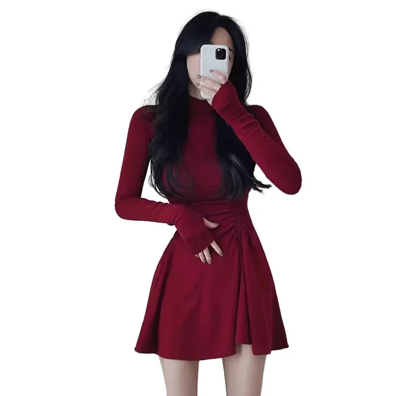 Women Dress Half-Height Neck Simple Solid Color Sweet Long Sleeve Dress