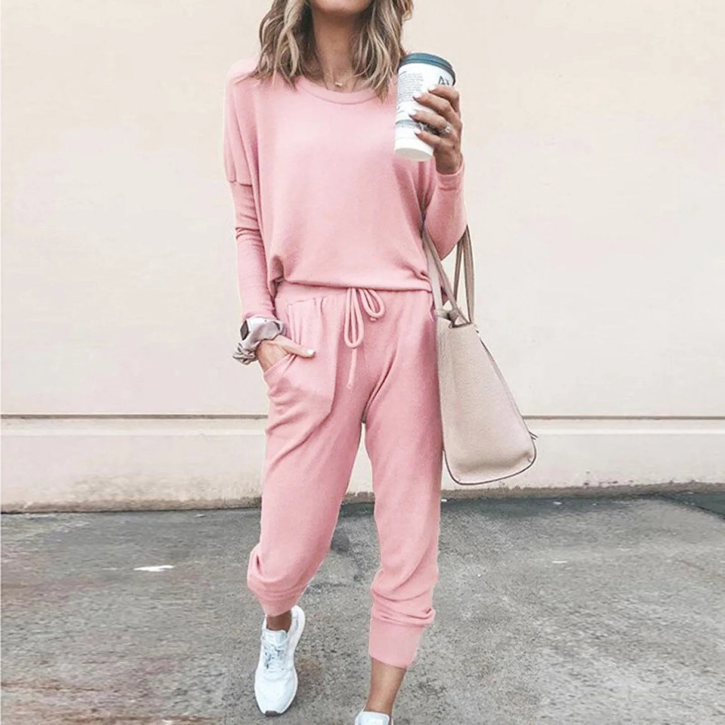 2 Piece Set Long Sleeve O-Neck T-Shirts+High Waist Drawstring Pant