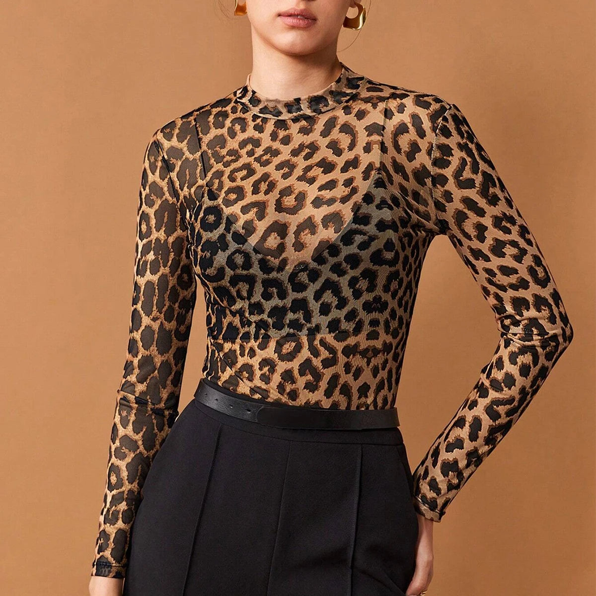 Daily Basic Leopard Mesh Long Sleeve Crew Neck T-Shirt