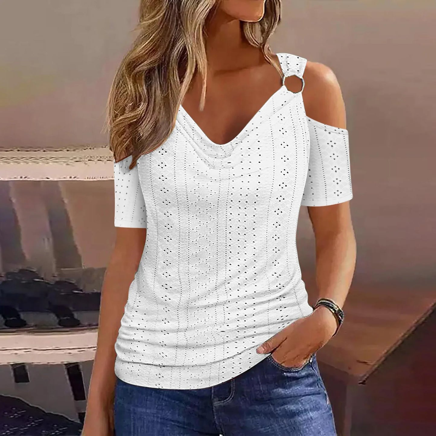 Short Sleeve T-Shirt Slight Strech Slim V-Neck Blouse