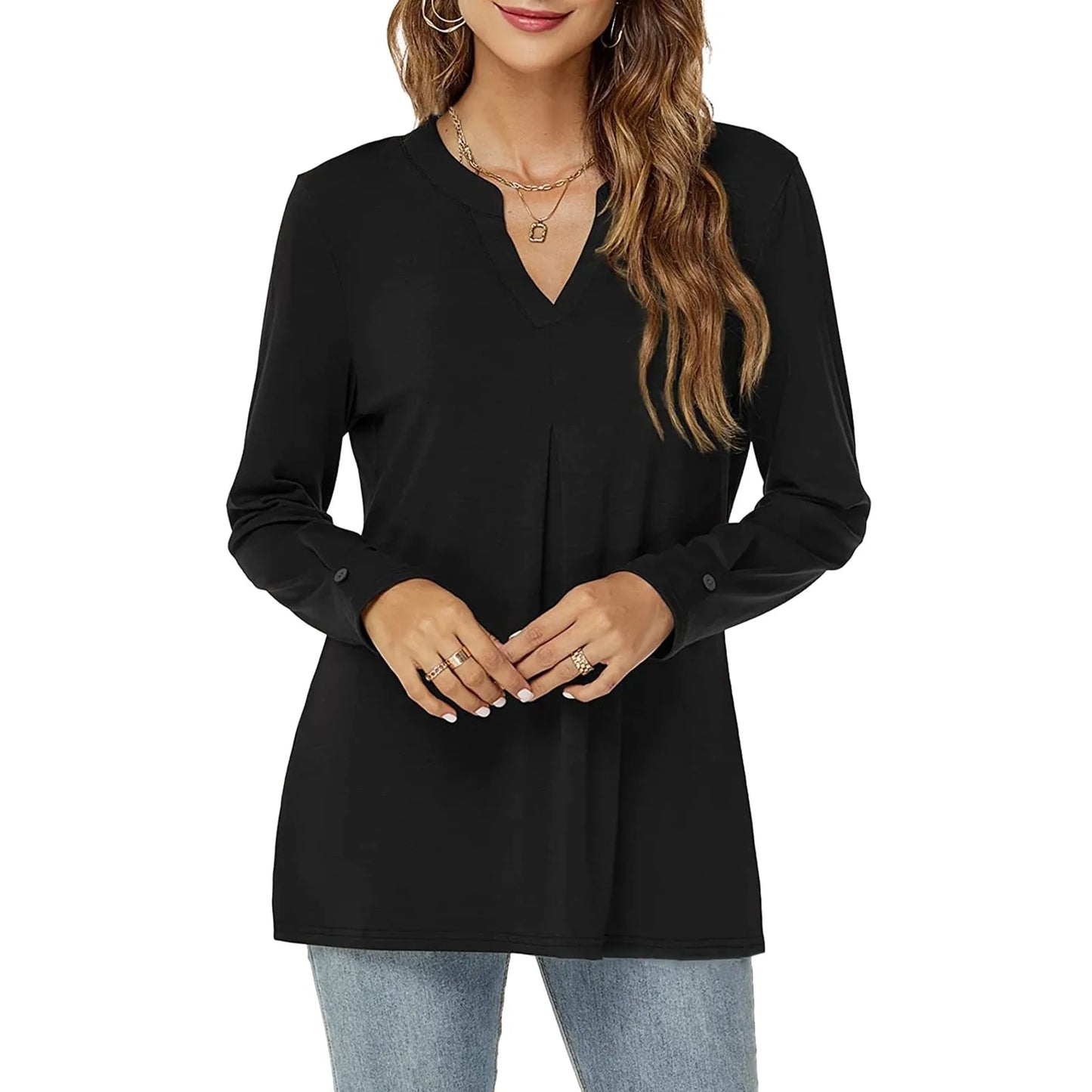 Loose Long Sleeve T-shirt V-Neck Solid Color