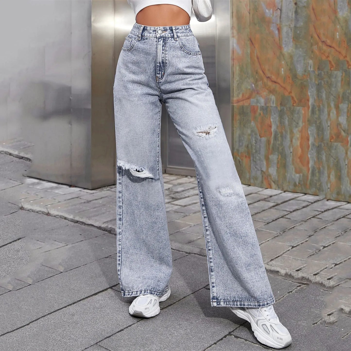 Y2k Ripped Wide Leg Jeans Mid Waist