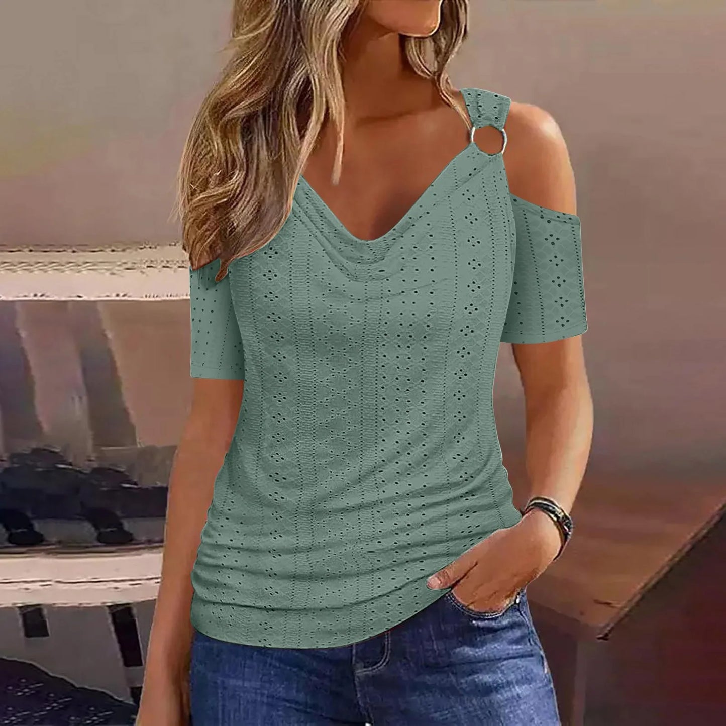 Short Sleeve T-Shirt Slight Strech Slim V-Neck Blouse