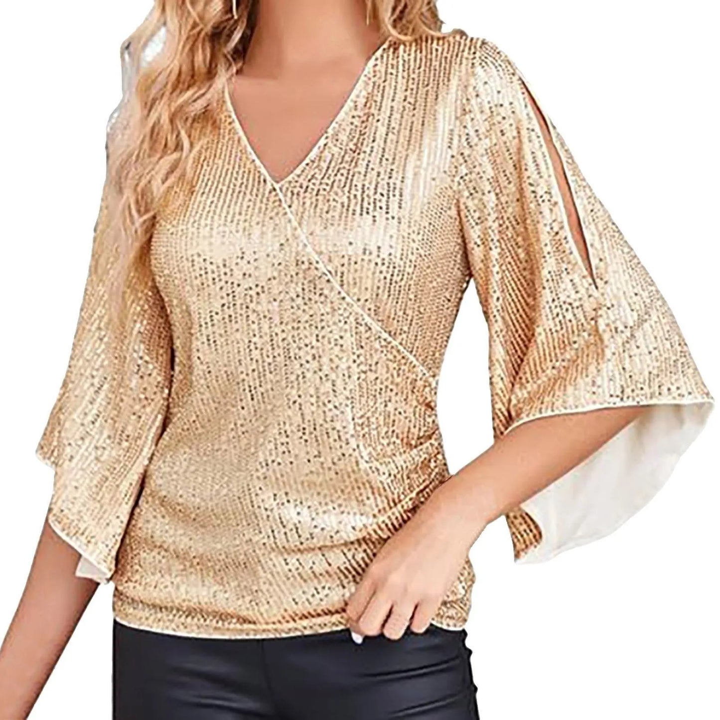 Sequin Tops 3/4 Sleeve Glitter Sparkly Party Blouse V Neck