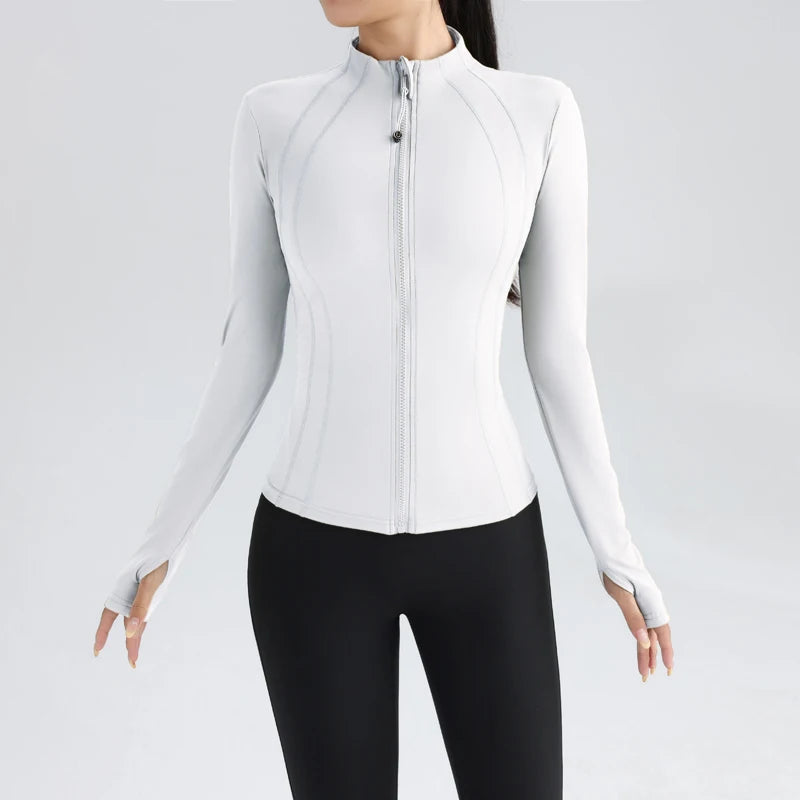 Gym Women's Full Zip Yoga Top With Thumbholes Fitness Running Jacket Stretch Fit Long Sleeve Round Neck Top Sportswear