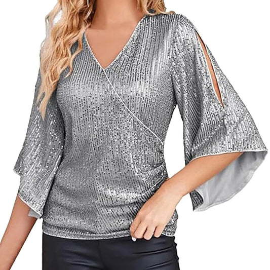 Sequin Tops 3/4 Sleeve Glitter Sparkly Party Blouse V Neck