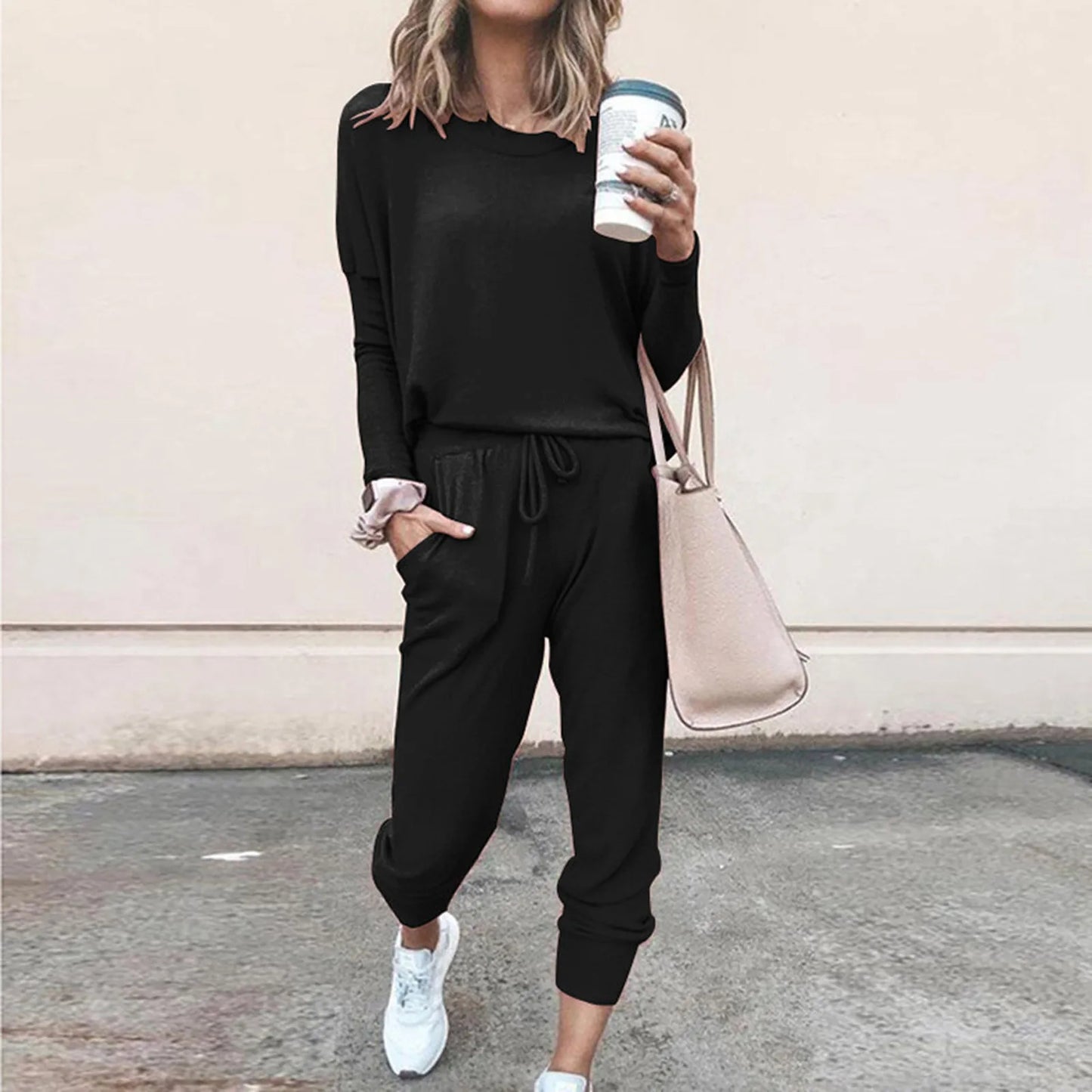 2 Piece Set Long Sleeve O-Neck T-Shirts+High Waist Drawstring Pant