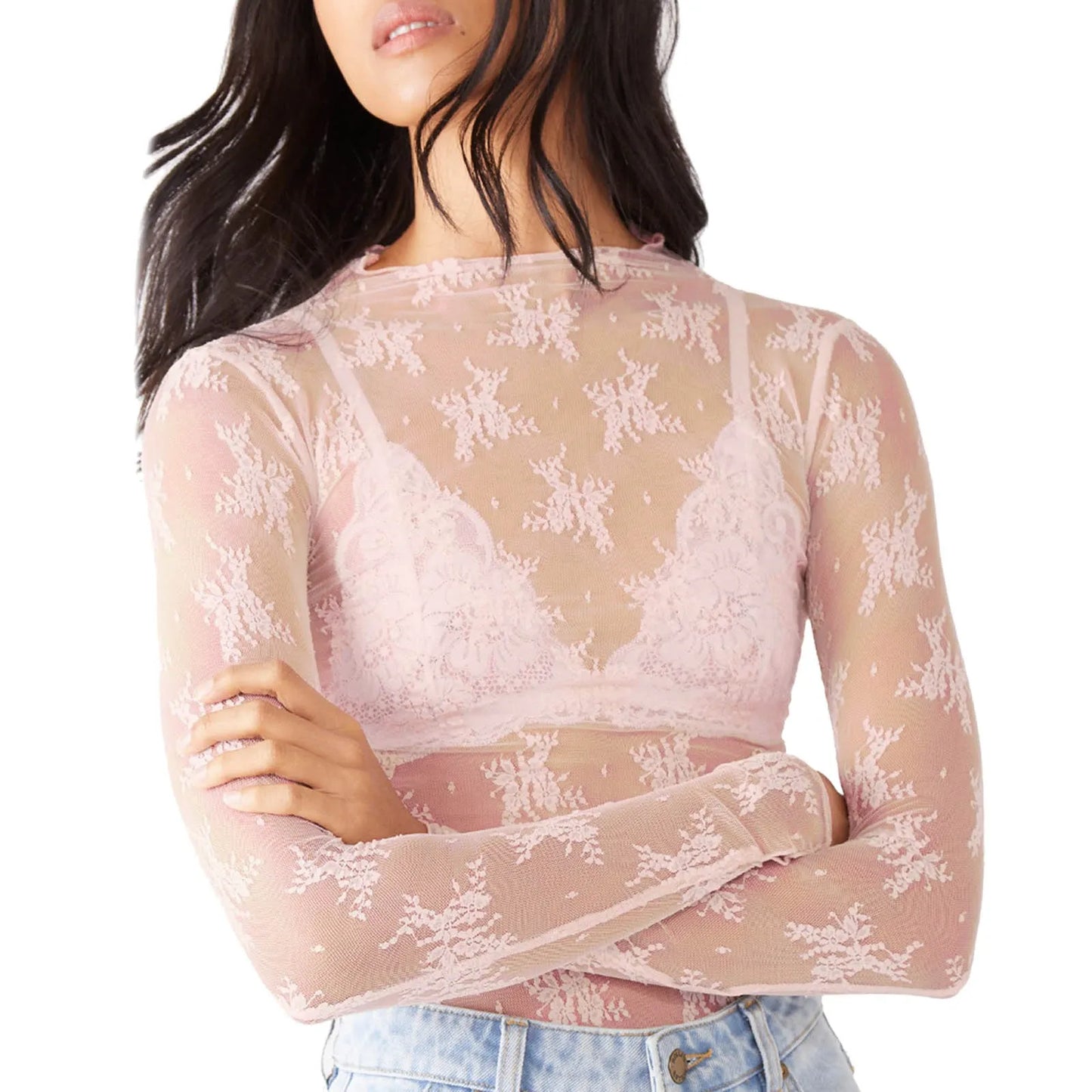 Mesh Long Sleeve Mock Neck Floral Embroidery See Through Blouse