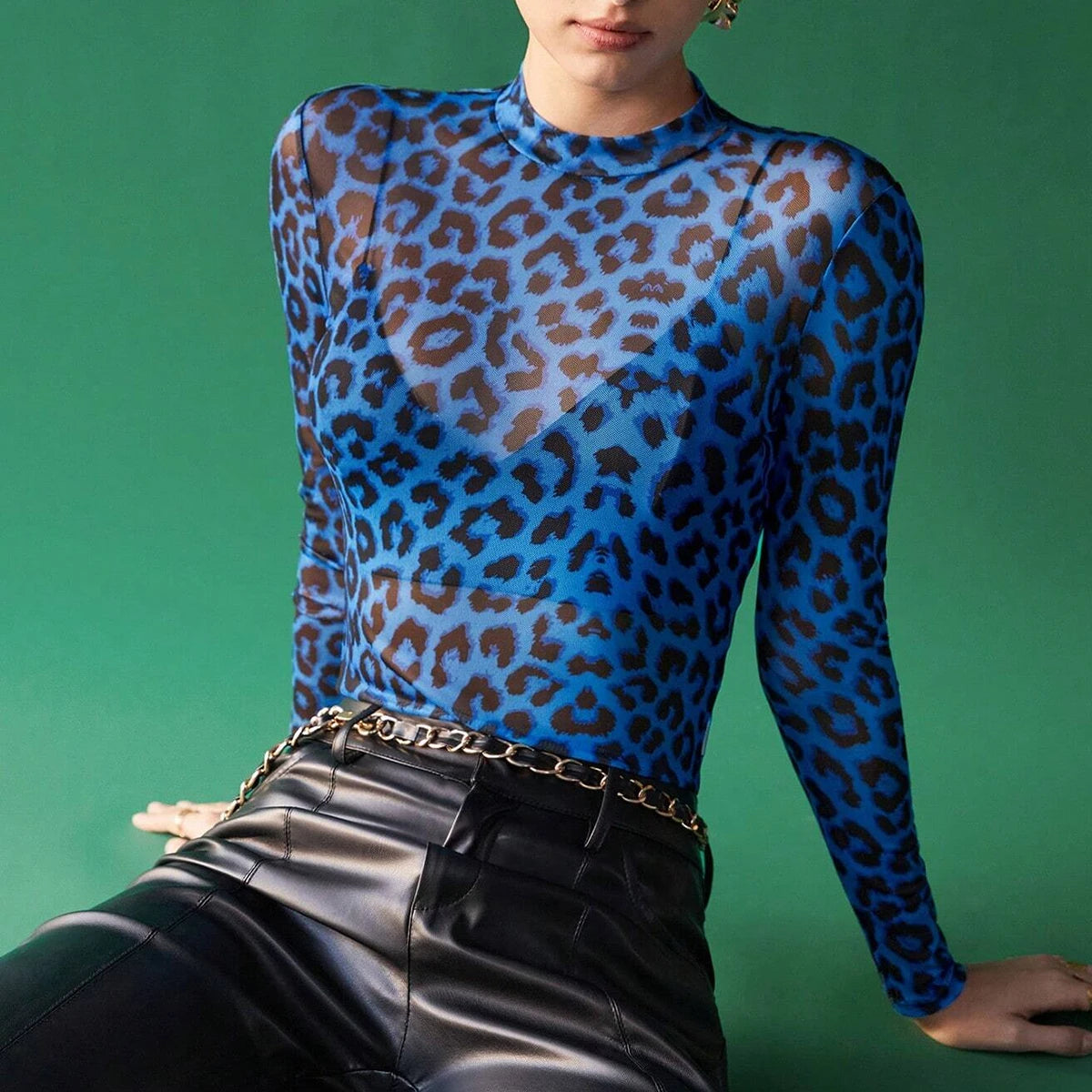 Daily Basic Leopard Mesh Long Sleeve Crew Neck T-Shirt