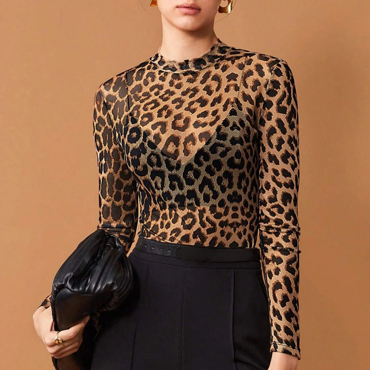 Daily Basic Leopard Mesh Long Sleeve Crew Neck T-Shirt