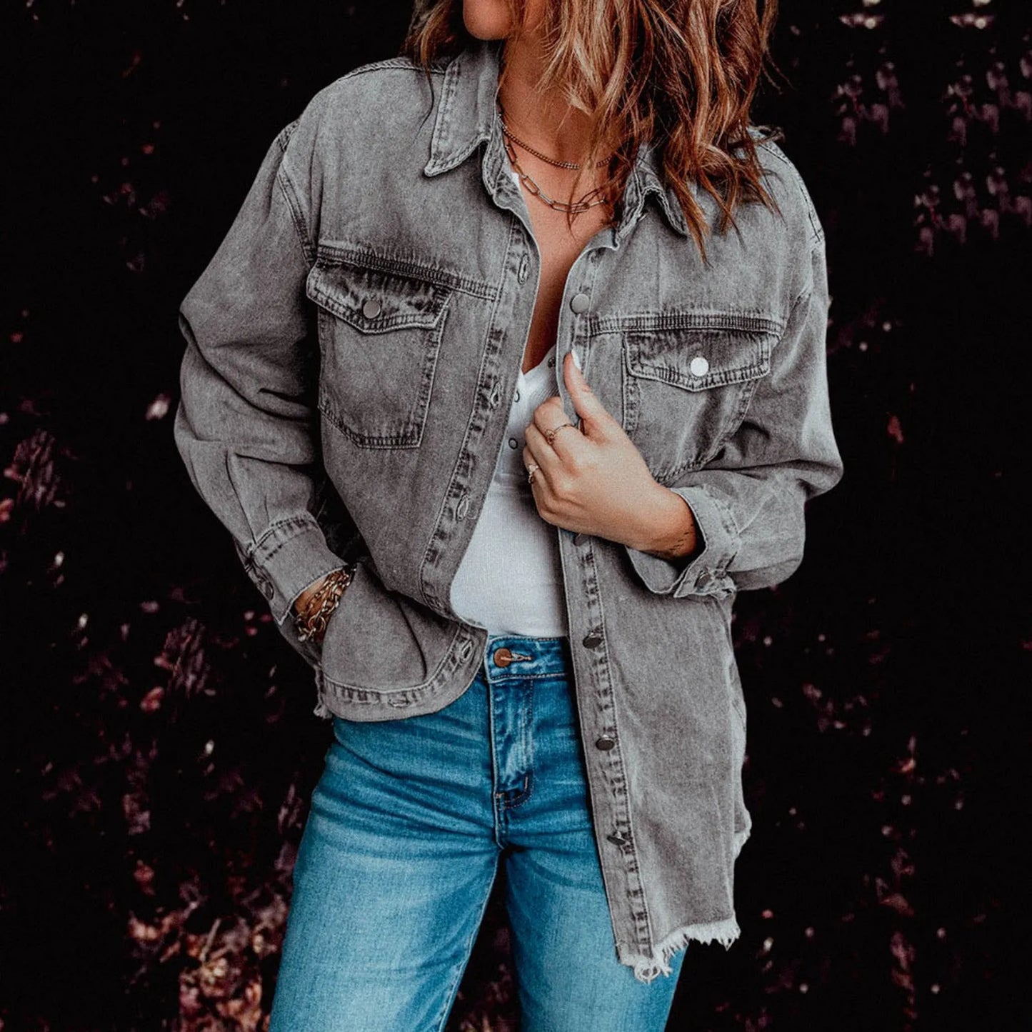 Women’S Denim Jackets Ripped Hem Gray Jeans