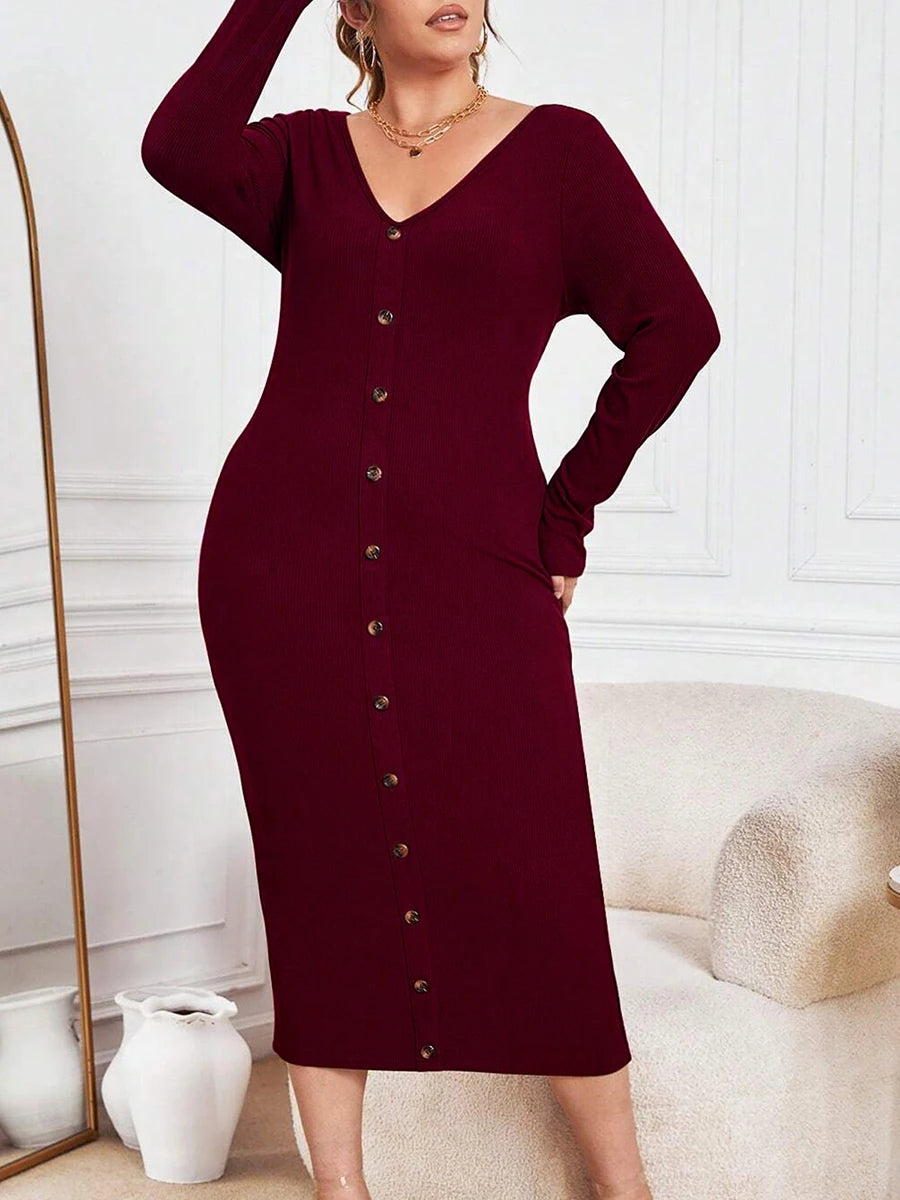 Elegant Women s Ribbed Knit Maxi Dress with Long Sleeves and V-Neckline