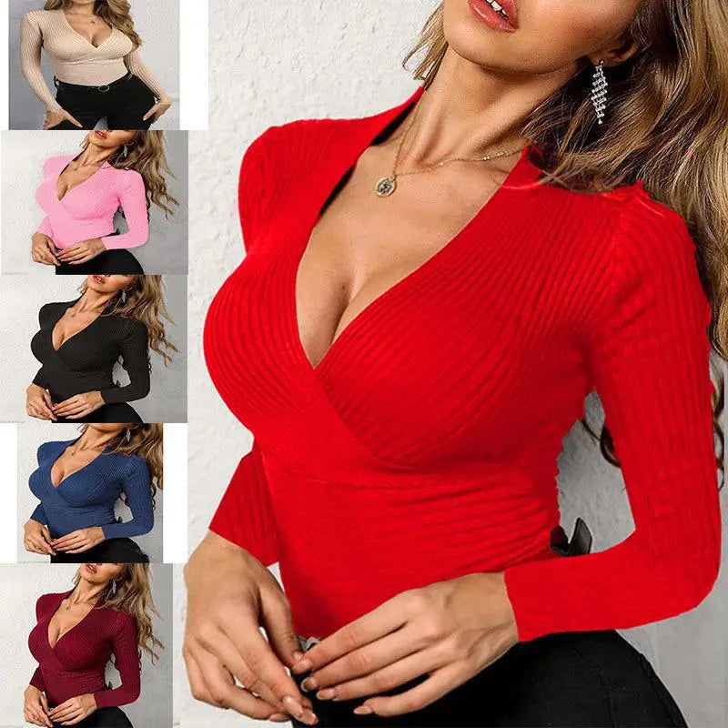 knitted V-neck slim fit long sleeved top