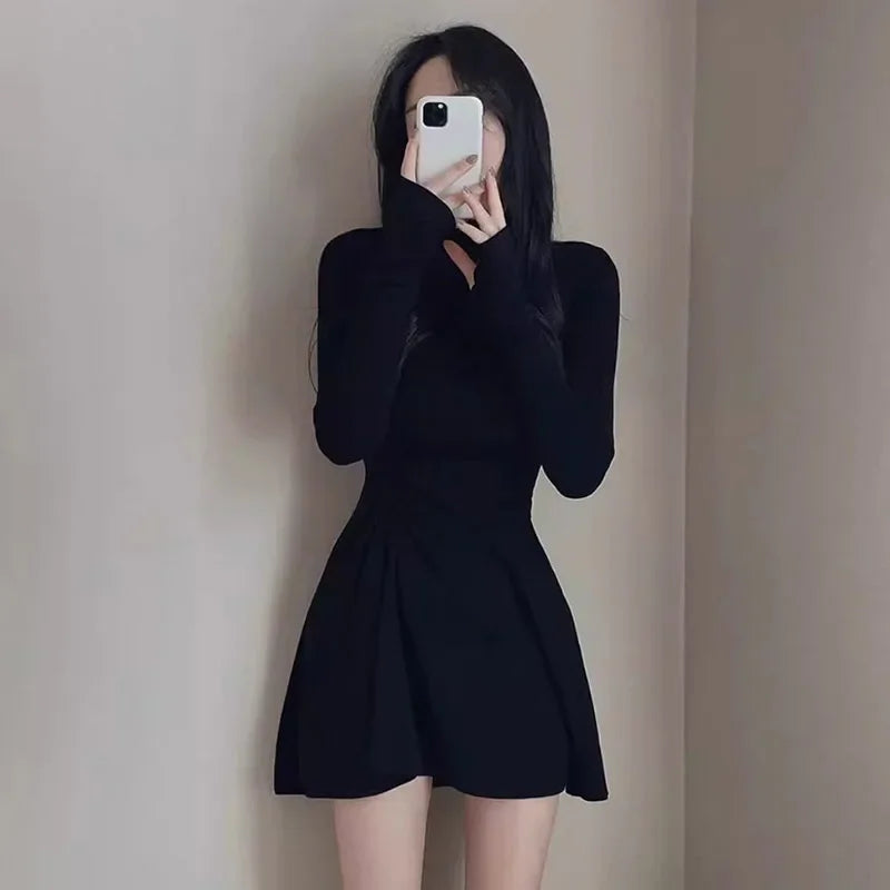 Women Dress Half-Height Neck Simple Solid Color Sweet Long Sleeve Dress