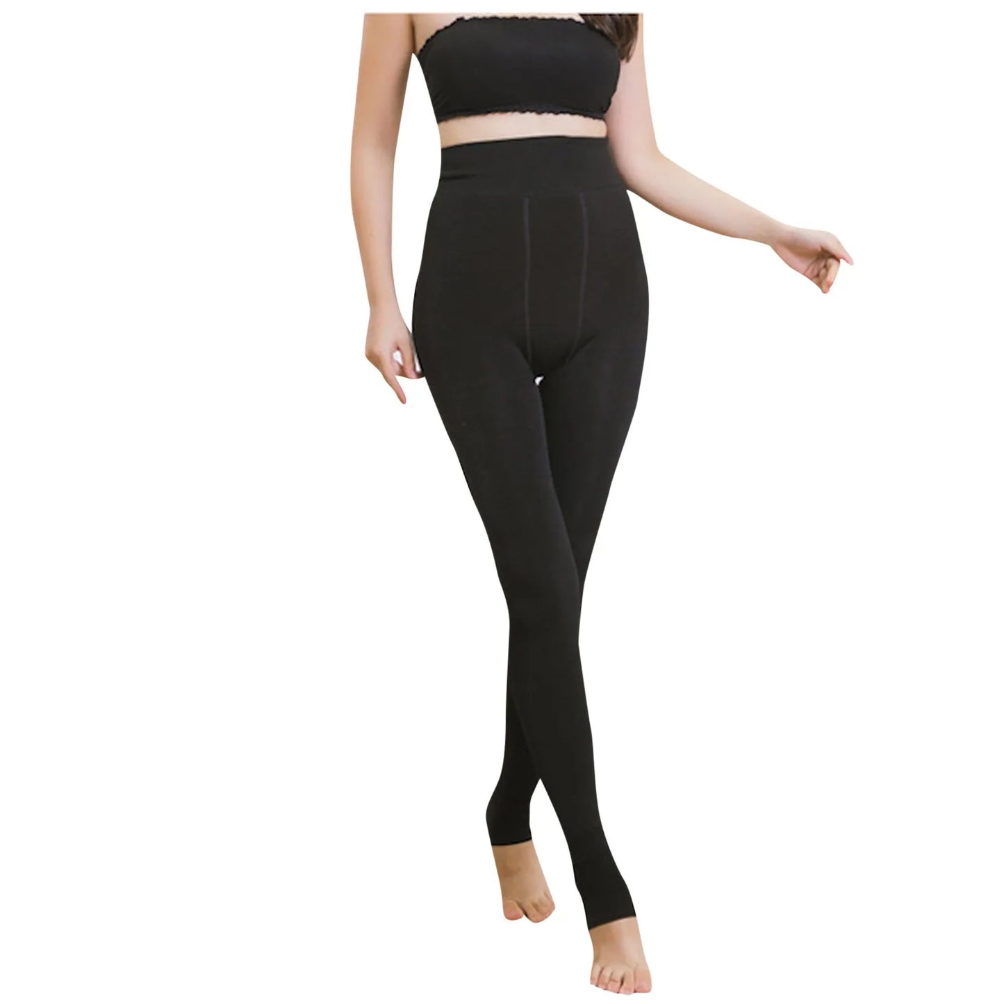 Beige/Black Elastic Fleece Lined Leggings High Waist Push Up