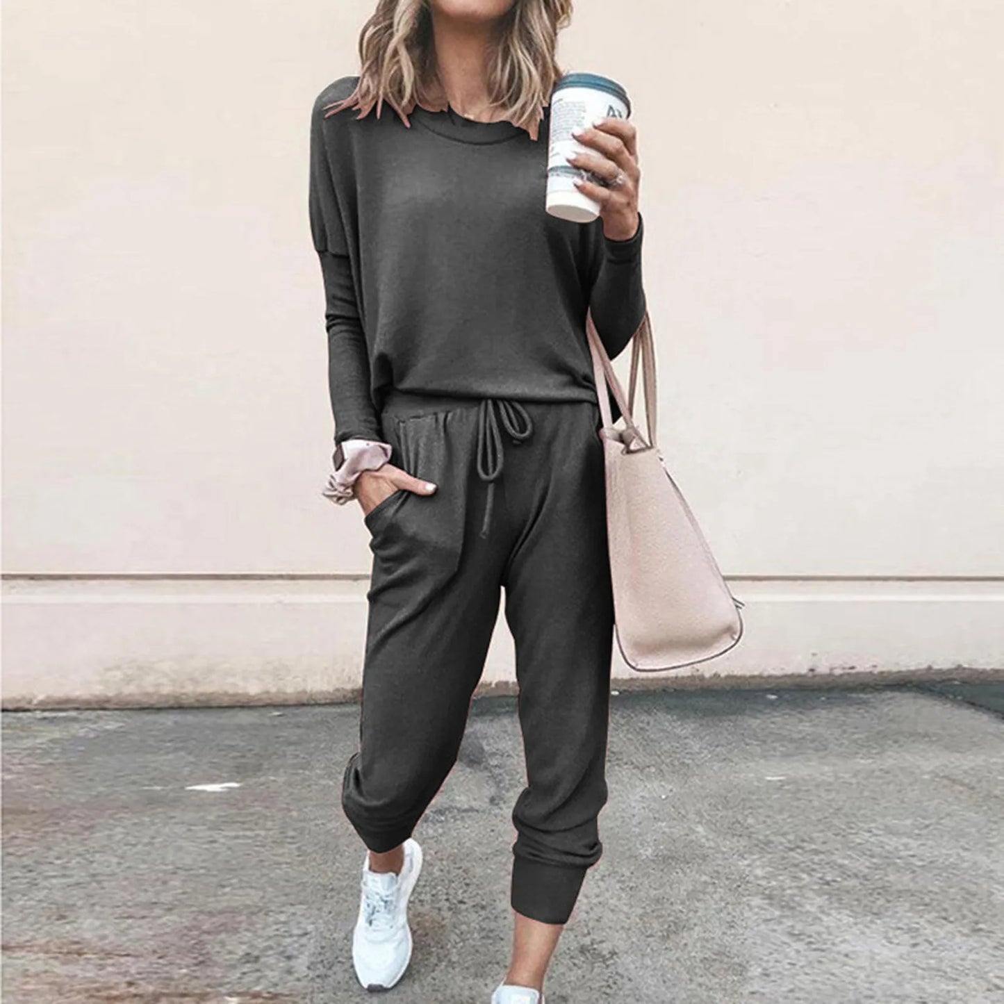 2 Piece Set Long Sleeve O-Neck T-Shirts+High Waist Drawstring Pant