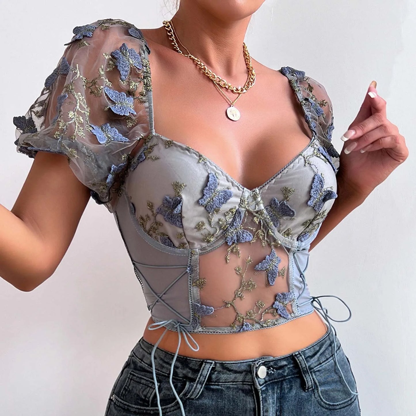 Sexy Lace Bandeau Summer Crop Top Short Sleeve V-Neck See-Through Blouse